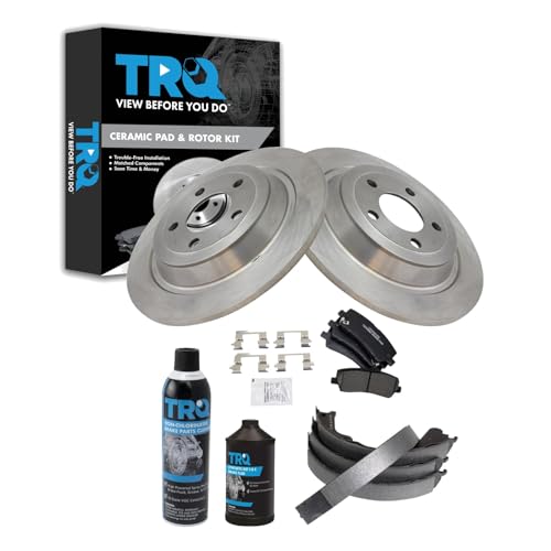 Image of TRQ Rear Brake Pad & Rotor Kit, with Chemical Kit Parking Brake Shoe Set Ceramic Compatible with 2016-2018 Ford Mustang
