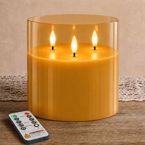Image of Homemory 6x6 Inch Extra Large Flameless Candle with 3 Wicks, Amber Glass LED Pillar Candle, Real Wax Battery Operated Candle with Remote Control and Timer for Home and Holiday Decor
