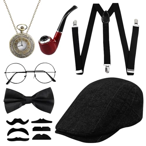 SPHERETRON Accesorios para hombre de los años 20, 12 accesorios para hombre de la mafia, Gatsby para hombre, sombrero panamá, reloj de bolsillo, tirantes, pajarita y barba, gafas para carnaval (negro)