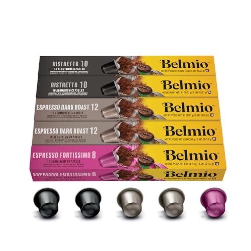 Belmio Cápsulas Nespresso Compatibles, Gama de café fuerte, Capsulas de café tostado fuerte, intensidad 8 a 12, Auténtica calidad de Bélgica, 3 sabores, 50 unidades