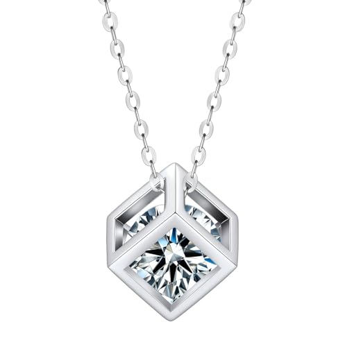 Moissanite Necklace for Women, 1 Carat Cube Pendant with 925 Sterling Silver Chain for Wife, Mother Jewelry Gifts