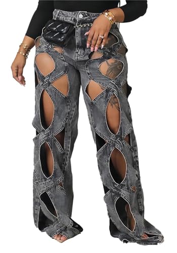 Women Sexy Hollow Out Baggy Jeans Y2k High Waisted Straight Leg