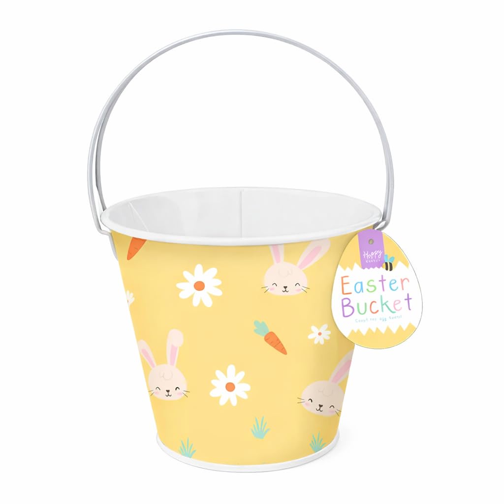Gem Imports 1 Yellow Bunnies and Carrots Easter Egg Hunt Tin Bucket 16cm – Metal Easter Basket with Handle for Egg Hunts, Sweets & Seasonal Gifts