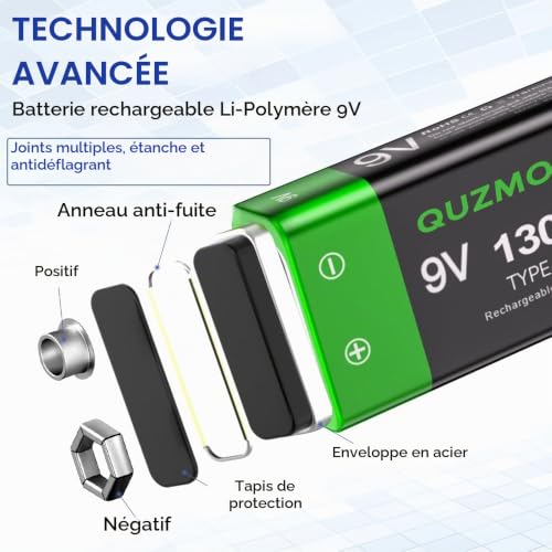 Lot de 4 Piles Rechargeables 9V, 1300mAh Haute Capacité 9 Volt Piles Lithium Carrées Recharge USB-C avec câble de Chargement 2 en 1 pour Détecteurs de Fumée, Multimètres etc – vue 3