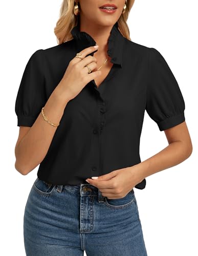 Chemise coton femme manches courtes bouffantes col montant chic
