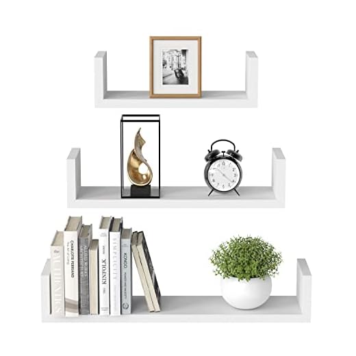 AMADA HOMEFURNISHING Floating Shelves Wall Mounted, Wall Shelf for Bedroom/Bathroom/Living Room/Kitchen, White Shelves 3 Sizes, U-Shaped - AMFS13-W