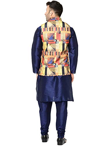 Image of SAIFOO Men's Silk Navy Blue Kurta Pyjama & Printed Nehru Jacket