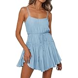 Vestido de verano para mujer, corto y elegante, vestido de verano para mujer, tirantes delgados, ligero, ligero y aireado, vestido de playa, tirantes A, vestido de mujer con cinturón, vestido de