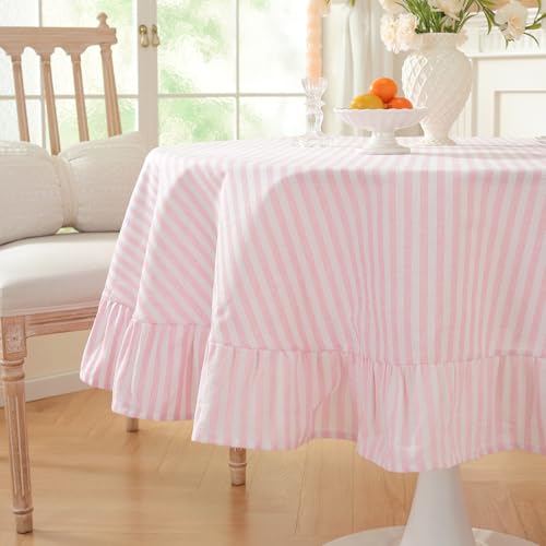 meioro Striped Ruffled Tablecloth Round Spring Cotton Blend Stripe Table Cloth with Tassel, Farmhouse Washable Wrinkle Free Table Cover for Valentines Day Outdoor Picnic Party Dining, Pink, 60'' Round