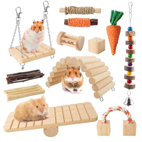 Pethee 12PCS Hamster Chew Toys Set Small Animal Molar Wooden Toys
