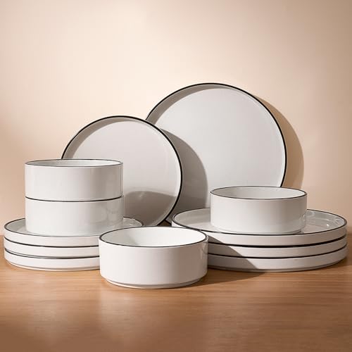Image of Famiware Nebula Plates and Bowls Sets for 4, 12 Pieces Stoneware Dinnerware Set, Microwave and Dishwasher Safe Dishes Set, White with Black Rim