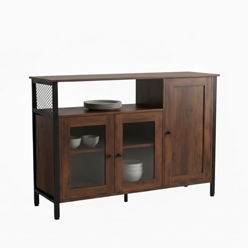 Relaxdays Armario de Cocina Puertas de Cristal, HBT: 75 x 110 x 33 cm, aparador Industrial, marrón Oscuro/Negro, Tablero de Fibras, Vidrio, Acero