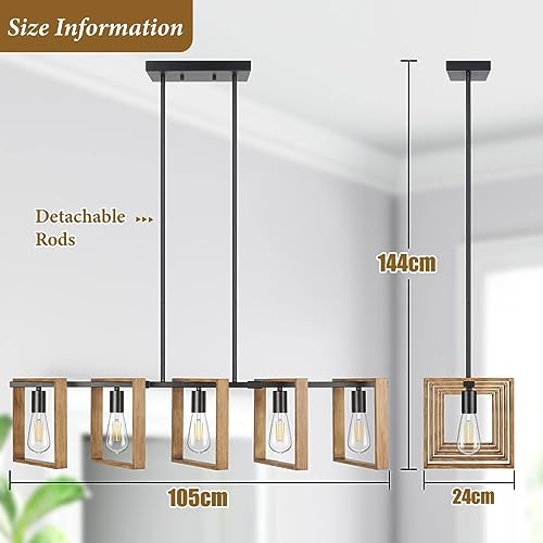 Lustre en bois rustique pour cuisine et salle à manger, 5 lumières E27 - 5