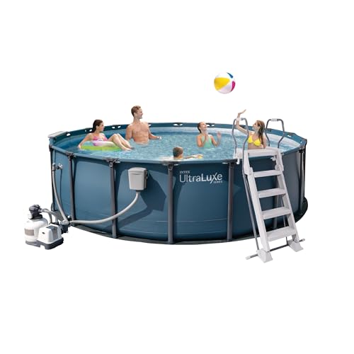 INTEX 28829EH 18ft X 52in UltraLuxe Premium Above Ground Swimming Pool Set with Smart Wi-Fi Enabled Dual Sand Filter Pump Saltwater System and Water Analyzer Retractable Pool Ladder