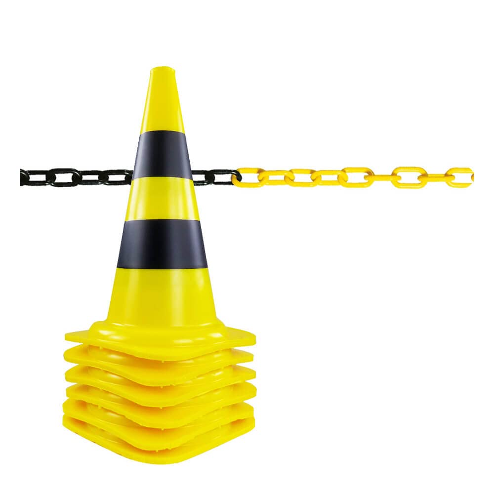 Leitkegel-Set Tag, 6 Pylonen, 10 m Kette, schwarz/gelb, 50 cm aus Kunststoff, Art.-Nr. 64055 | Leitkegel | Pylone | Markierungskegel