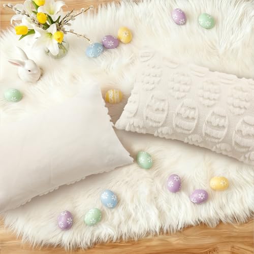Image of decorUhome Easter Cream White Egg Pillow Covers 12x20 Inch Set of 2, Soft Plush Faux Wool Jacquard Cushion Covers, Farmhouse Neutral Fuzzy Spring Easter Holiday Decor for Couch Sofa Bed