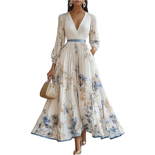 Vestido Mujer Casual Manga Larga   Vestidos De Fiesta Mujer Elegantes Cuello En V Estampado, Vestidos Largo Elegante Moda   Dresses Calle Adecuado para Primavera Blanco S
