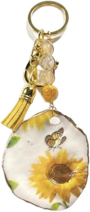 Charm, Handcrafted Purse Jewelry, Oyster Shell Keychain, Bag Beads, Sunflower Design
