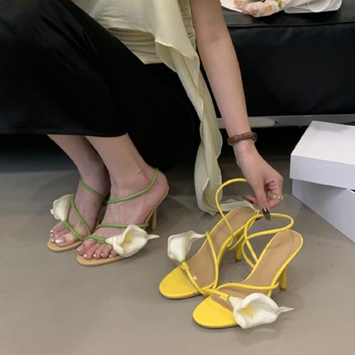 Calla Lily Heels for Women, Elegant Floral Strappy Sandals, Wedding Party Shoes, Comfort Block Heel Ankle Strap Summer Bridal Dress Pumps3
