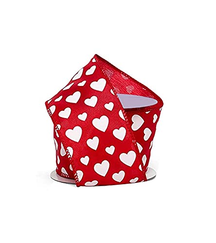 Image of Satin Valentine Hearts Wired Ribbon - 2 1 /2 inch x 10 Yards, White Hearts, Red Wired Edges, Valentine's Day Decor, I Love You, Gift Bow, Bouquet, Christmas