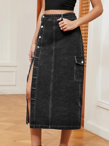 Women's Casual High Waist Denim Mid Skirt Slit Button Up Jean Skirts with Pockets(X-Large, Dark Grey)3