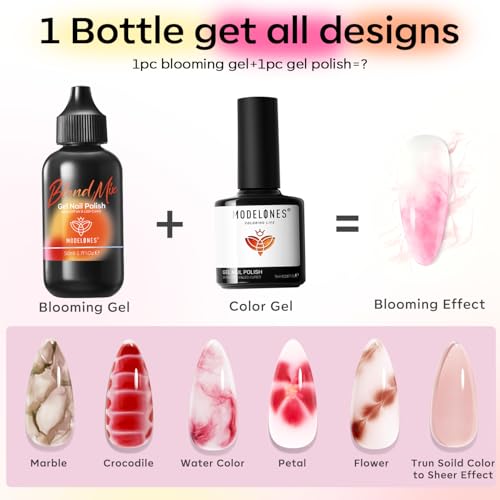 Image of modelones 50ML Blend Mix Blooming Gel Nail Polish Set with Nail Art Palette & 20PCS Nail Brushs, Clear Blooming Gel for Spreading Effects Floral Print Marble Design Mix Color Glitter Nail Art DIY