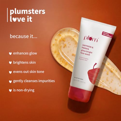 Image of Plum Saffron & Papaya Glow Bright Face Wash | Enhances Glow & Brightens Skin | With Vitamin B5 | Fights Dull Skin | Non-Drying, Gel-Based, Sulphate-Free Face Wash | For All Skin Types | 100% Vegan | 50ml