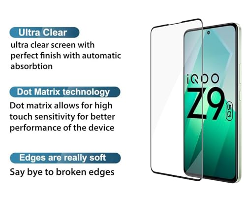 Image of Tempered Glass Screen Protector Compatible for iQOO Z9 5G with Edge to Edge Coverage and Easy Installation Kit, Pack of 1, Black