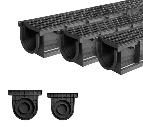 Natotela Canale di drenaggio in HDPE, confezione da 3 canali di scarico (3 x 1 m), con griglie, 2 tappi terminali, sistema di canali di scarico A15,10 cm di larghezza, 10 cm di altezza, canale di