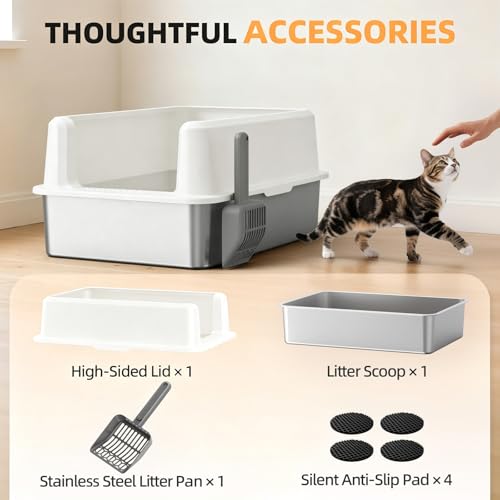 Image of WoofiGo Stainless Steel Cat Litter Box with Lid, XXL Large Metal Kitty Litter Box Enclosed for Big Cats, High Sided, Anti-Urine Leakage, Non-Stick Bottom, Include Scoop (White)