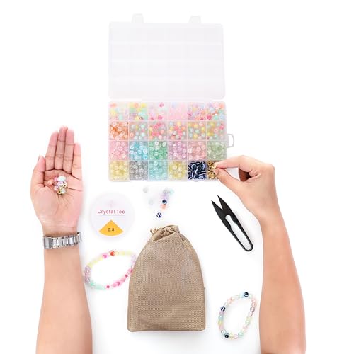 Image of Ambitieux DIY Bracelet Making Kit - 575+ Beads Jewelry Set with Glass, Double, Charms Pendants Accessories, Evil Eye, Elastic Thread, Cutter & Jute Bag - Craft Kit for Girls, Kids & Adults birthday 2 3 4 5 6 7 8 9 years (Crackle)