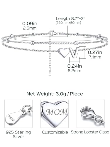 Image of ChicSilver Sterling Silver Anklets for Women Hypoallergenic Womens Ankle Bracelets for Women Layered Heart Anklet With Initials Womens Anklets Jewelry for Mom Wife