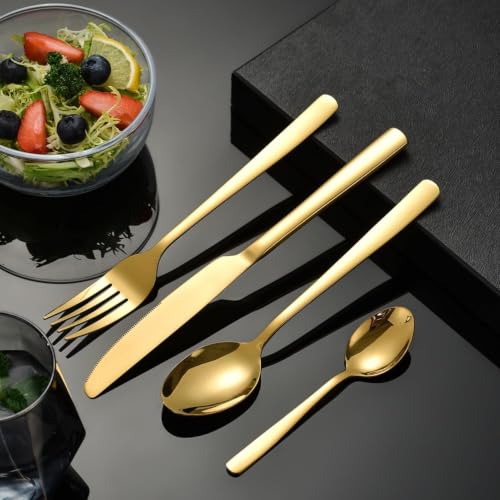 Image of Clovis Stainless Steel Flatware Set 4 Pieces, Titanium Plated Mirror Finish, Cutlery Set for 1 with Knife Fork Spoon and Teaspoon, Gold
