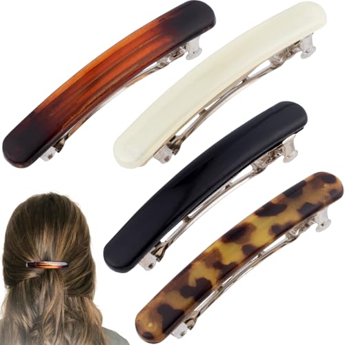 VARMDUKKE 4 PCS Small French Hair Barrettes, 2.48 Inch Oval Curved Tortoise Shell Hair Clip for Women, 4 Colors Glossy Flat Rectangle Hair Accessories for Thin, Thick, Long Hair