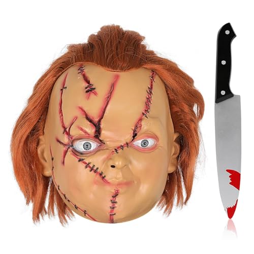Lyxaof Chucky Latex maske für Erwachsene, Ganz über Dem Kopf Gruseliges Ankleiden mit NäHdetails Integriertem Haar Halloween Weihnachtsparty...