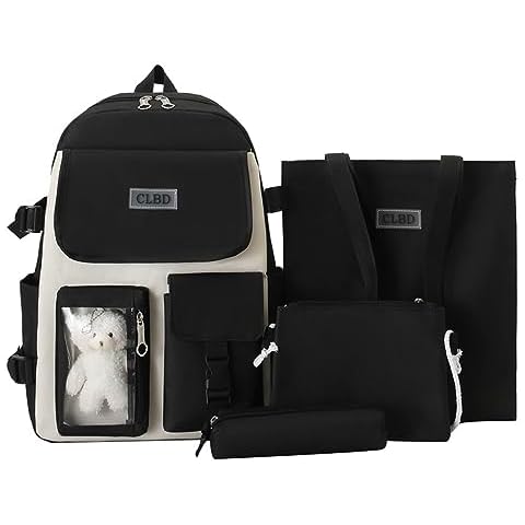 Tenbip 4Pcs Kawaii Backpack Cute Backpack Aesthetic Backpack Preppy Backpack Set Kawaii School Supplies with Accessories (Black) Cover