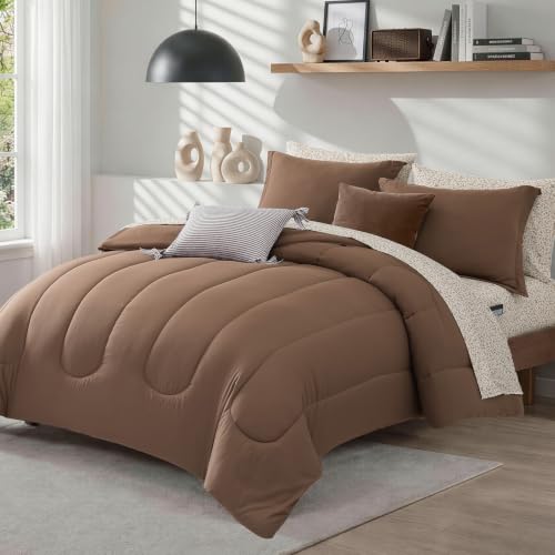 Image of Monbix King Size Comforter Set, 7 Pieces Soft Bed in a Bag King Bedding Set | All Season Brown Track Stitching Comforter with Printed Sheets, Pillowcases & Shams