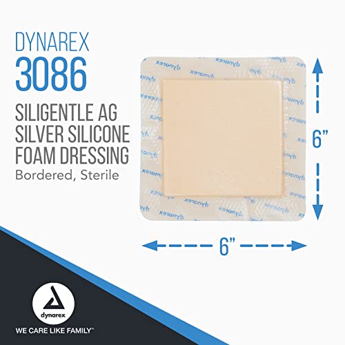 Dynarex Siligentle Ag Silver Silicone Foam Dressings, Wound Care, Soft & Absorbent, White, 6” X 6” Adhesive Foam Pad Dressing With Silicone Layer, 1 Box Of 10 Non-Adhesive Silicone Foam Dressings #TOP3