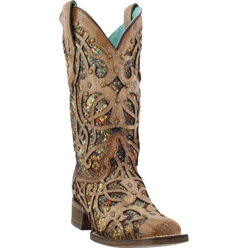 Corral Brown Bone Multicolor Inlay and Studs Square Toe Womens Boots C34052