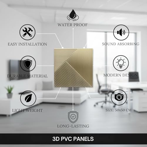 Image of Kayra Decor 3D PVC Wall Panels - Stripe Design, Champagne Gold Color 19.7 inch x 19.7 inch (Pack of 3) - Covers 8.07 Sq. Ft.