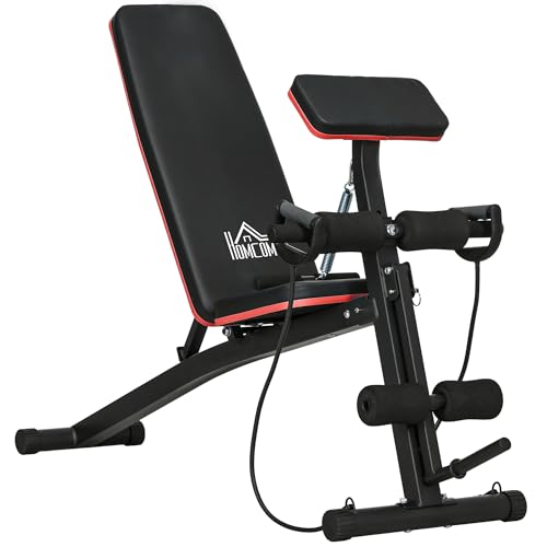 HOMCOM Foldable Weight Bench, Strength Training Sit Up Bench, Incline Decline Bench with 7-Level Backrest, Leg Extension Machine, Preacher Pad and Resistance Band for Home Gym Workout