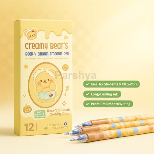 Image of KiddieWorld Creamy Beaar Erasable Gel Pens Set of 12 | 0.5 mm Fine Tip Blue Ink | Heat Erase Technology | Soft Grip | Cute Pens for Kids, Students & Office Use