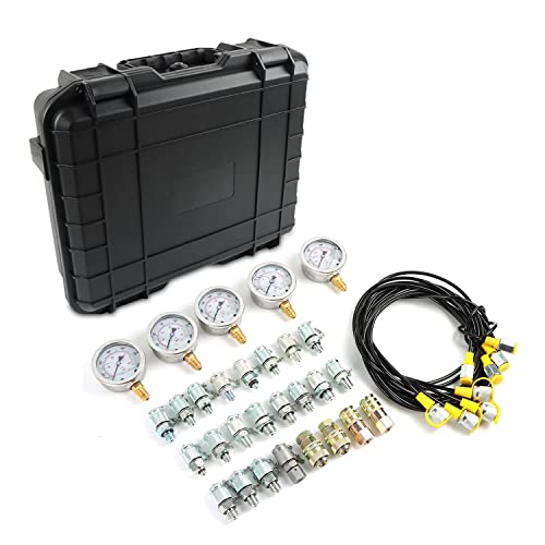 Image of Hydraulic Pressure Test Kit with 5 Gauges, 10 /100 /250 /400 /600bar, 24 Couplings 4 Test Hoses Pressure Gauge Set for Excavator Construction Machinery
