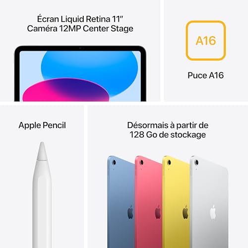 Apple iPad avec Puce A16 : Écran Liquid Retina 11 Pouces, 128 Go, Wi-FI 6, caméras Avant/arrière 12 Mpx, Touch ID, autonomie d’Une journée – Argent