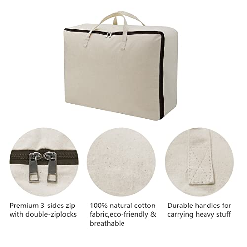 Große weiche Bettwäsche Tasche aus Segeltuch, Pullover mit Reißverschluss aus Naturbaumwolle | Aufbewahrungstasche für Schränke und unter dem Bett, Garment Organizer Bag für Garderobe | 3er Pack