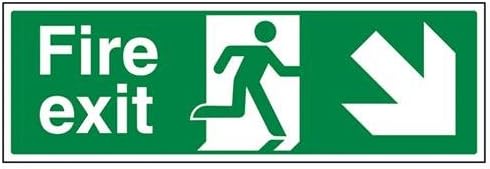 VSafety Fire Exit Arrow Down Right Sign - Landscape - 450mm x 150mm - Self Adhesive Vinyl