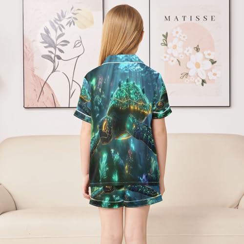 ALAZA Glowing Turtle Ocean Sea Satin Pajamas Set Short Sleeve Button Down Sleepwear Summer Pjs 2 Piece4