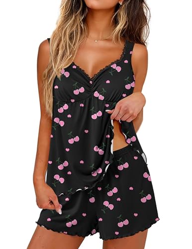 Image of Ekouaer Womens Pajama Sets 2 Piece Cute Pj Set Lace V Neck Tank Top and Shorts Sleepwear Soft Sexy Lingerie Bridal Nightwear