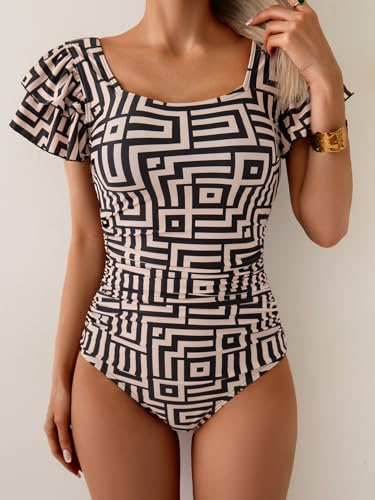 Image of Eomenie Women's Tummy Control One Piece Swimsuit Ruffle Square Neck Bathing Suit Ruched Cutout Back Slimming Swimwear
