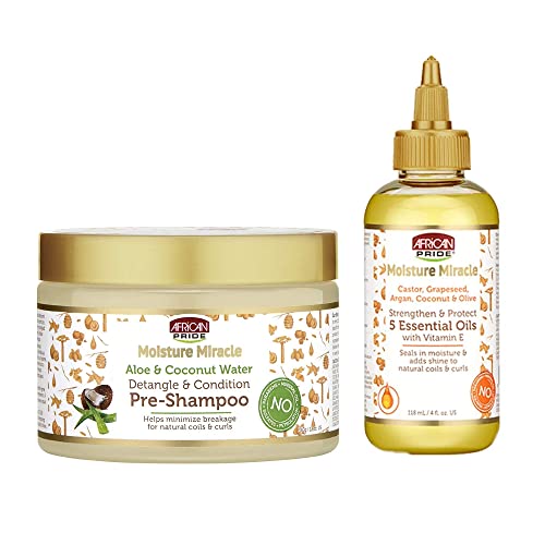 African Pride Takedown & Detangle Regimen with Moisture Miracle Aloe & Coconut Water Pre-Shampoo, Moisture Miracle 5 Essential Oils.